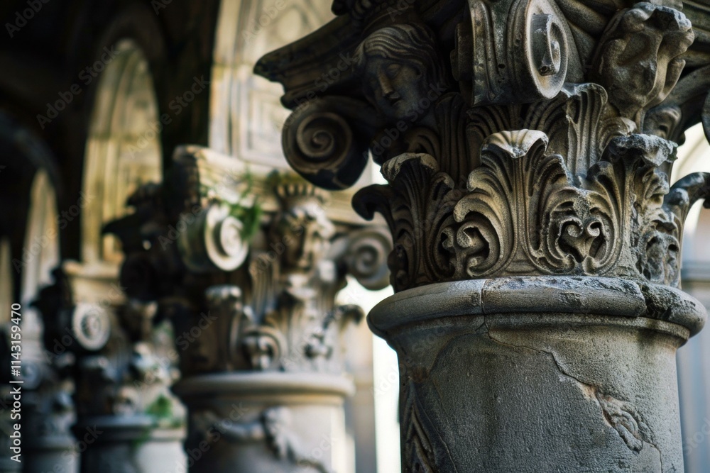 Weathered stone column with intricate carvings stands as a testament to the passage of time in a grand, old building Weathered stone column with intricate carvings stands as a testament to the passage of time in a grand, old building