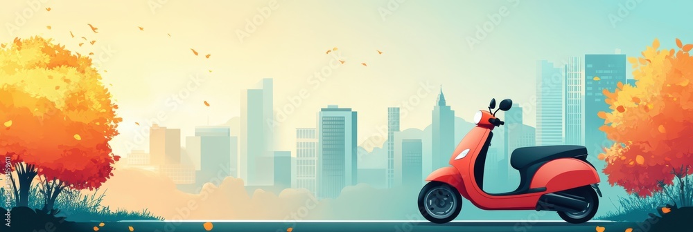 Obraz premium A Vibrant Red Scooter Parked by Autumn Trees with a City Skyline in the Background, Capturing the Essence of Urban Life in Harmony with Nature.