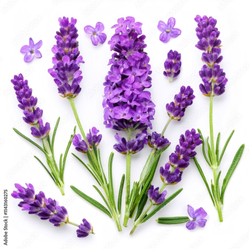 Obraz premium Vibrant lavender flowers and leaves arranged on a white background, highlighting natural beauty and aromatherapy themes