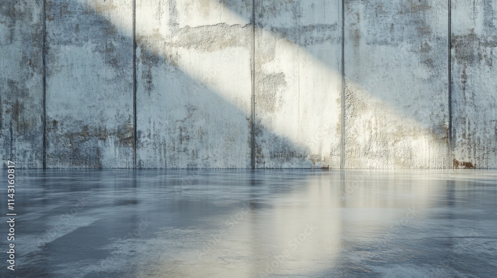 A minimalist interior scene featuring a textured concrete wall and reflective floor, creating a serene, industrial atmosphere. A minimalist interior scene featuring a textured concrete wall and reflective floor, creating a serene, industrial atmosphere.