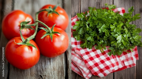 Four red tomatoes next to green parsley on a checkered cloth, arranged on a rustic wooden surface, emphasizing freshness and natural beauty.