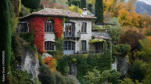 A charming stone villa with ivy-covered walls nestled on an alpine hillside with vibrant autumn foliage.