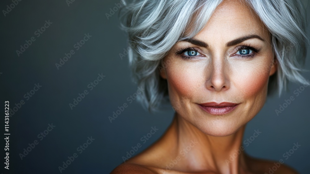 Naklejka premium A striking portrait of an elegant woman with radiant silver hair, showcasing flawless skin and captivating blue eyes against a soft, dark background.