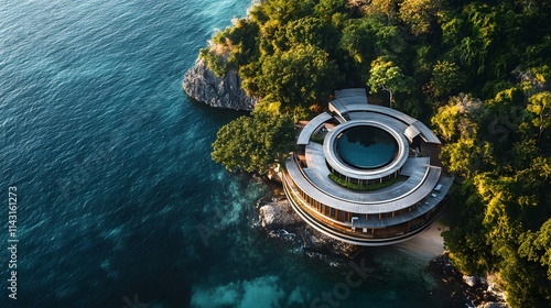 A circular ocean villa with an open-air design surrounded by lush greenery and pristine blue waters.