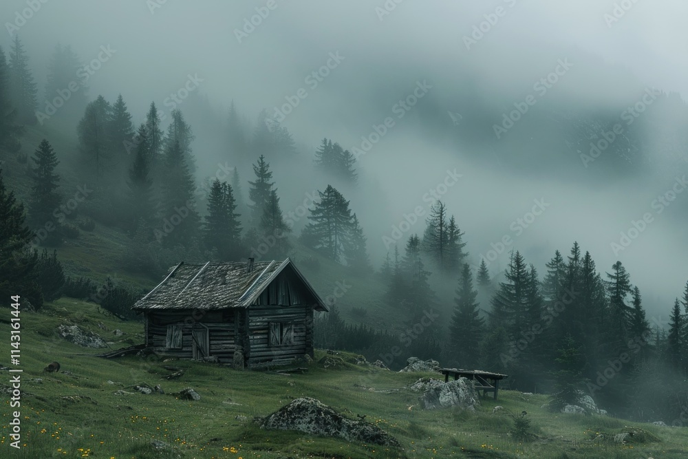Old wooden cabin is standing on a hill in a forest, surrounded by fog Old wooden cabin is standing on a hill in a forest, surrounded by fog