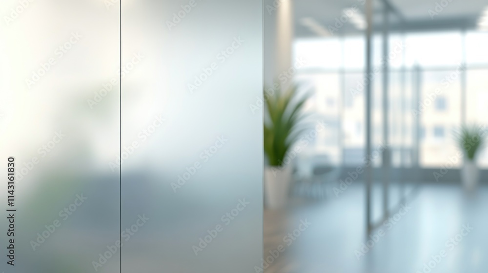 A modern office space with frosted glass partitions and greenery, creating a professional and inviting atmosphere. A modern office space with frosted glass partitions and greenery, creating a professional and inviting atmosphere.