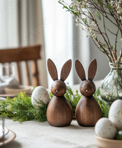 Rustic Easter decorations featuring wooden bunnies, fresh greenery, and handcrafted Easter eggs, arranged beautifully on a table to create a charming and natural festive atmosphere photo