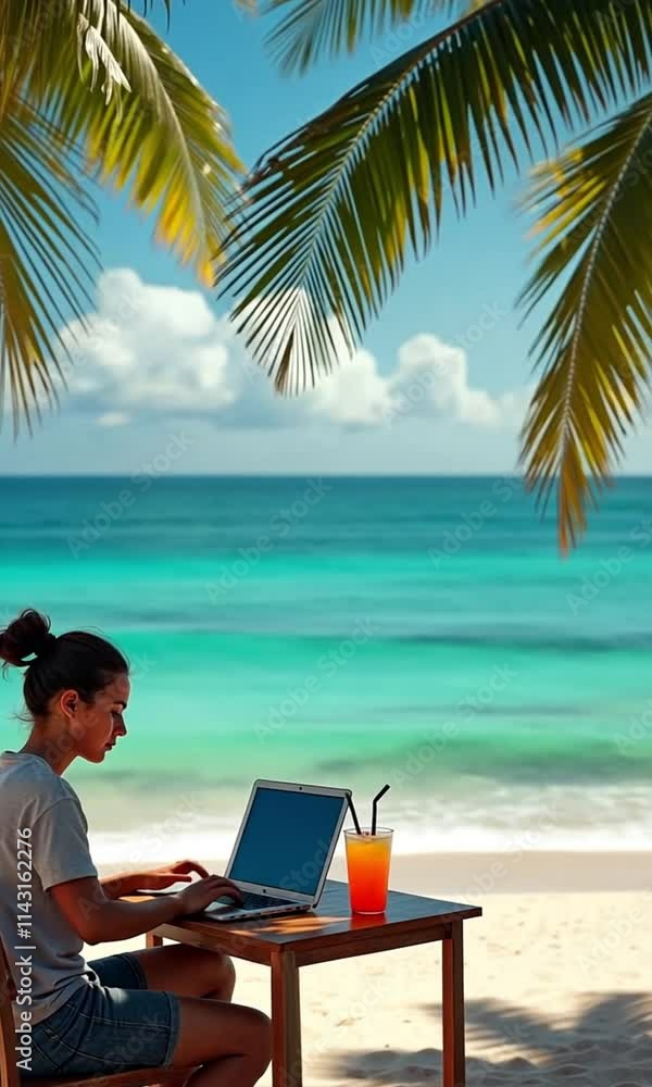 Young entrepreneur working remotely at a beachside table with a laptop and serene ocean view Young entrepreneur working remotely at a beachside table with a laptop and serene ocean view