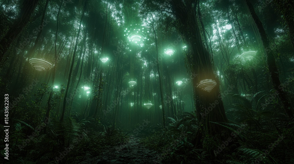 Obraz premium A dense, lush forest filled with AI-powered sensors attached to trees, monitoring biodiversity and environmental health. 