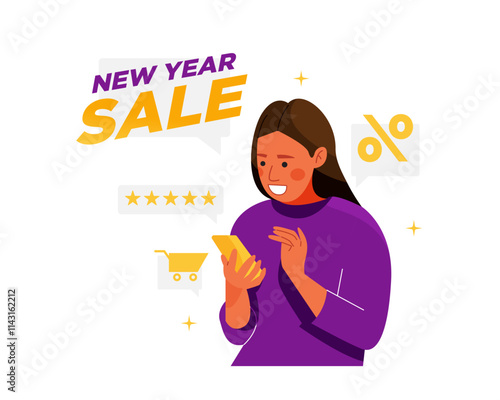 Vector of woman use phone to online shopping on new year sale event
