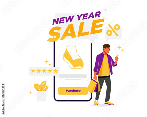 Vector of man use phone to online shopping while bringging shopping bag on new year sale event