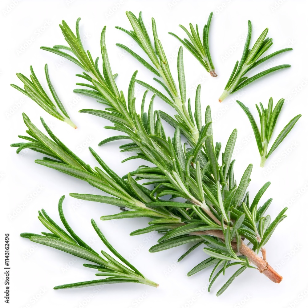Sprigs and leaves of fresh rosemary, creating a visually appealing arrangement against a clean white backdrop Sprigs and leaves of fresh rosemary, creating a visually appealing arrangement against a clean white backdrop