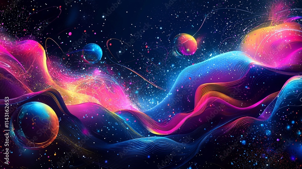 Abstract cosmic landscape with vibrant nebulae, planets, and stars. Abstract cosmic landscape with vibrant nebulae, planets, and stars.