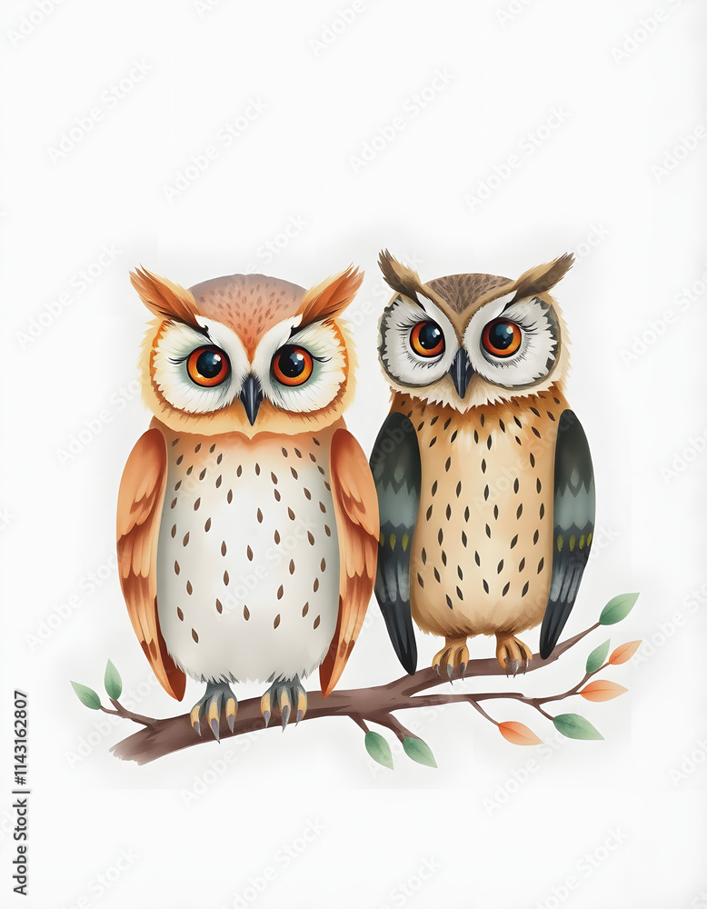 Obraz premium Watercolor cute boho owls. Watercolor owl. Watercolor forest baby animal print, photo, with white tones