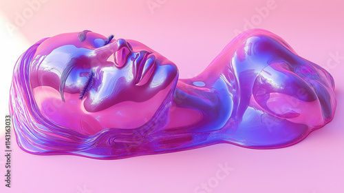 A stylized, abstract representation of a woman's face and body, rendered in iridescent pink and purple hues.