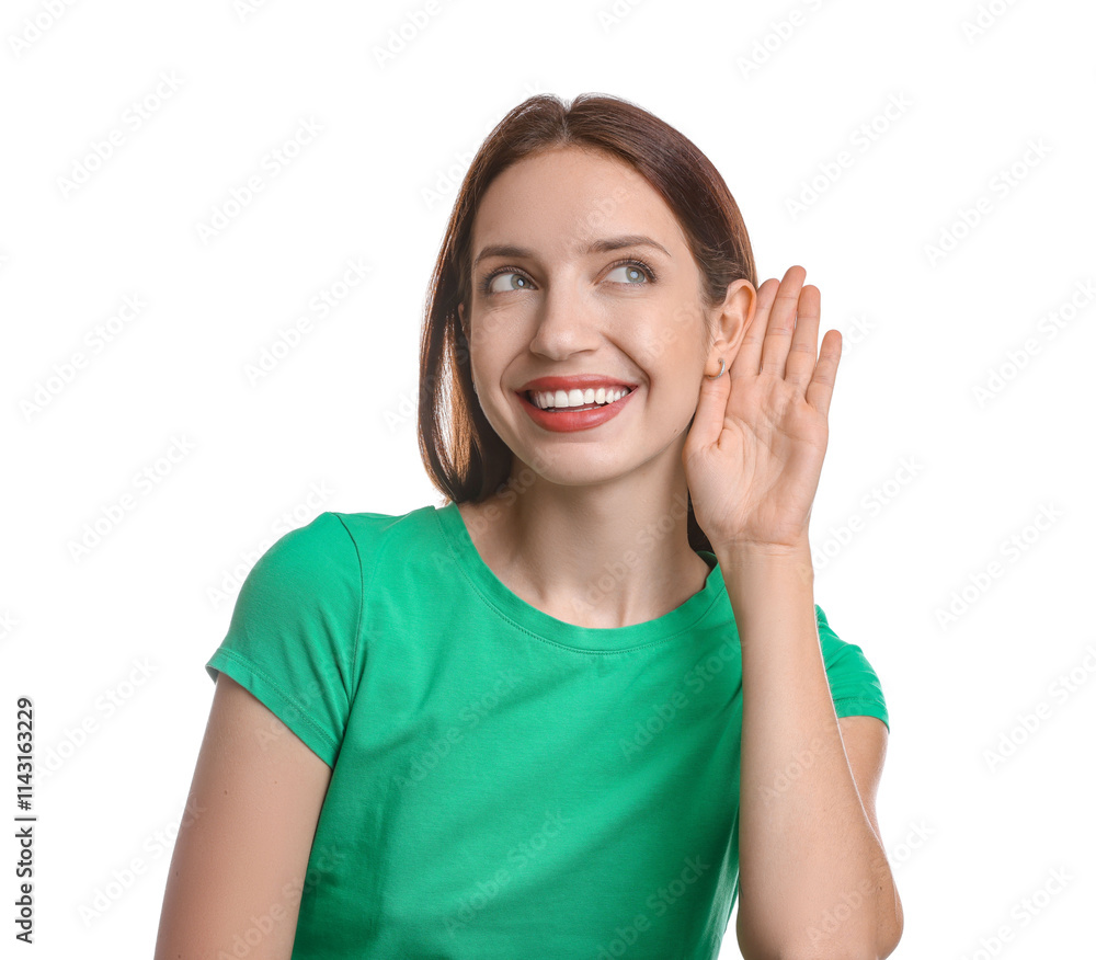 Woman showing hand to ear gesture on white background Woman showing hand to ear gesture on white background