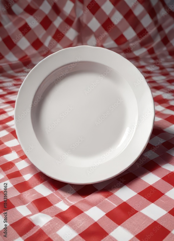 Gleaming white plate sits on red & white checkered cloth , white plate, dinner, checkered tablecloth Gleaming white plate sits on red & white checkered cloth , white plate, dinner, checkered tablecloth