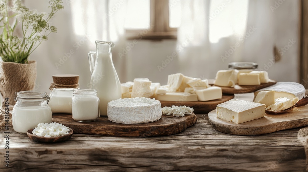 A rustic table is adorned with a variety of cheeses and dairy products, including milk and jars of cream, showcasing the richness of artisanal dairy delights. A rustic table is adorned with a variety of cheeses and dairy products, including milk and jars of cream, showcasing the richness of artisanal dairy delights.
