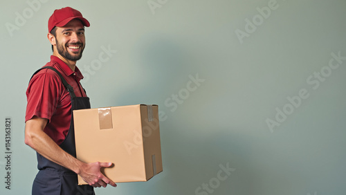 Smiling delivery man in a red shirt, red cap, and navy overalls holding a cardboard parcel against a solid indoor studio background with ample copy space, ideal for logistics concepts.