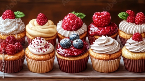 Delicious cupcakes with raspberries, cream, and berries displayed on a wooden tray.