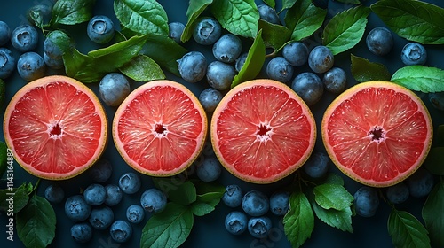 Four grapefruit halves with blueberries and leaves.