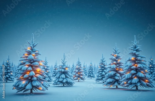 Winter wonderland scene shows snow-covered Christmas trees with glowing lights under starlit sky. Festive, serene landscape. Christmas decorations illuminate frosty forest. Peaceful evening scene.