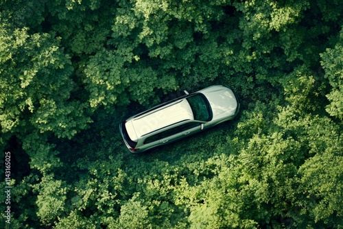 A durable black pickup truck adeptly traverses a winding dirt road enveloped by bright, lush greenery, stirring up a dust cloud as it journeys through the calm forest landscape. photo