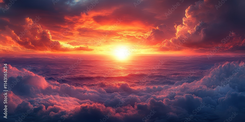 Awe-Inspiring Spectacle of a Fiery Sunset Over an Endless Sea of Clouds with Vibrant Hues of Orange and Purple Illuminating the Sky and Horizon Awe-Inspiring Spectacle of a Fiery Sunset Over an Endless Sea of Clouds with Vibrant Hues of Orange and Purple Illuminating the Sky and Horizon