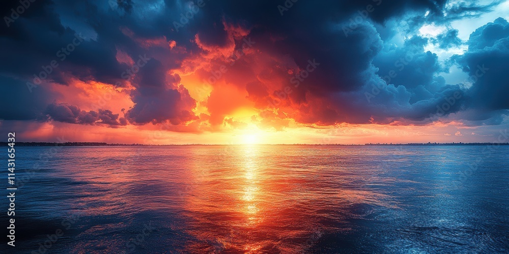Breathtaking Oceanic Sunset Displaying a Splendid Mix of Fiery Red and Cool Blue Hues with Dramatic Clouds Reflecting Across Serene Waters Breathtaking Oceanic Sunset Displaying a Splendid Mix of Fiery Red and Cool Blue Hues with Dramatic Clouds Reflecting Across Serene Waters
