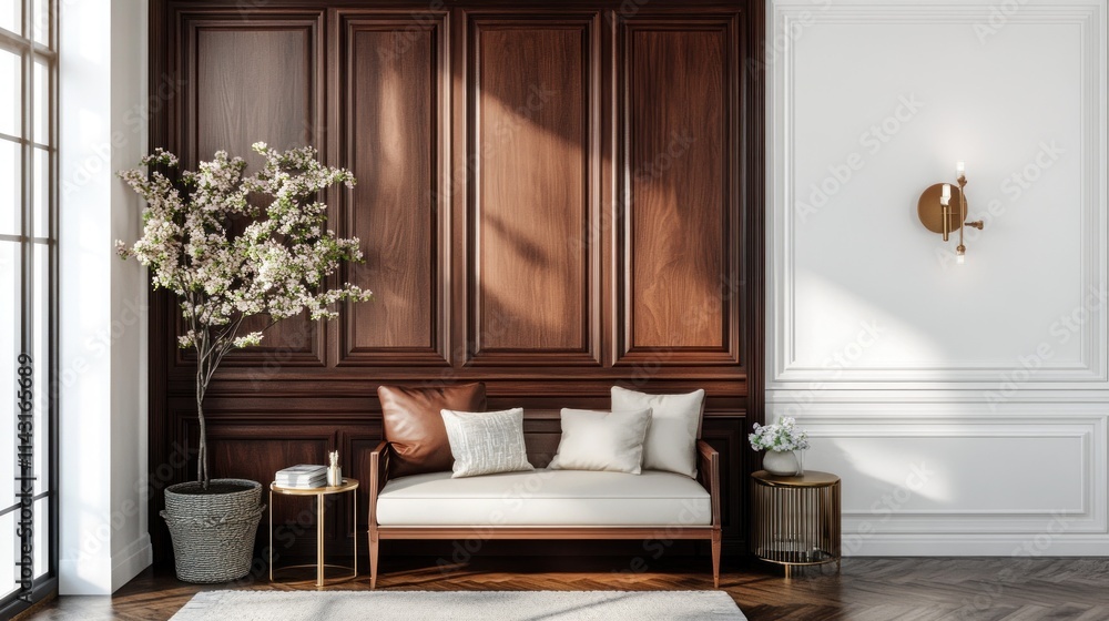 A stylish interior featuring a wooden wall, a cozy sofa, decorative plants, and elegant lighting, creating a warm and inviting atmosphere. A stylish interior featuring a wooden wall, a cozy sofa, decorative plants, and elegant lighting, creating a warm and inviting atmosphere.