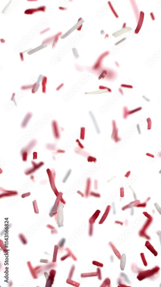 Delicious Red And White Sprinkles In Motion On White Backdrop Delicious Red And White Sprinkles In Motion On White Backdrop