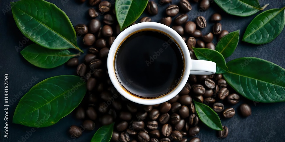 Fototapeta premium Freshly Brewed Coffee with Aromatic Beans and Leaves
