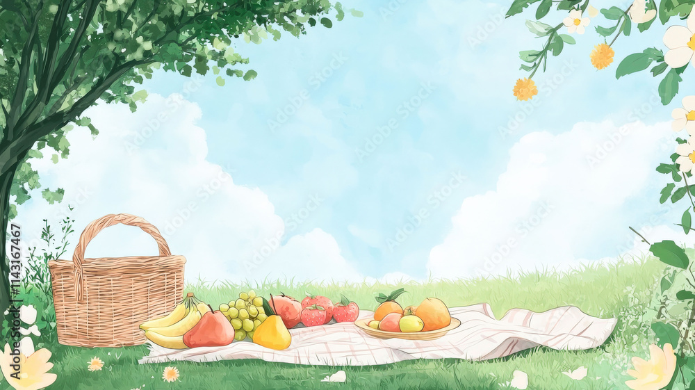 Fototapeta premium A whimsical drawing of a picnic in a park with a checkered blanket, a basket, fresh fruits, and a clear blue sky, creating a cheerful and serene outdoor scene.
