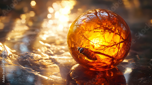 Baltic amber containing a trapped insect, showcasing an animal preserved within the gemstone. macro photography highlights the fossilized tree resin, revealing its natural beauty. Amber. Illustration photo