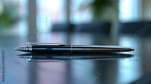 Horizontal view of a sleek black ballpoint pen resting on a glossy table in a modern indoor setting. Minimalist design and professional appeal. AI generated.