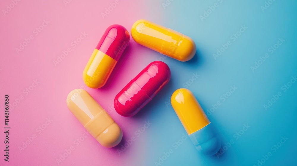 Colorful Capsule Pills Displayed on a Split Pastel Pink and Blue Background Symbolizing Pharmaceutical Innovation and Medicine Development Colorful Capsule Pills Displayed on a Split Pastel Pink and Blue Background Symbolizing Pharmaceutical Innovation and Medicine Development
