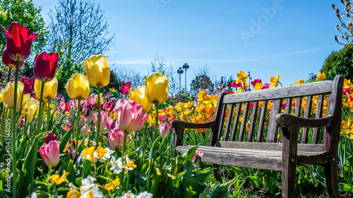 A whimsical garden filled with colorful tulips, daffodils, and hyacinths, featuring a vintage wooden bench, under a clear blue sky, creating a serene and enchanting outdoor escape. photo