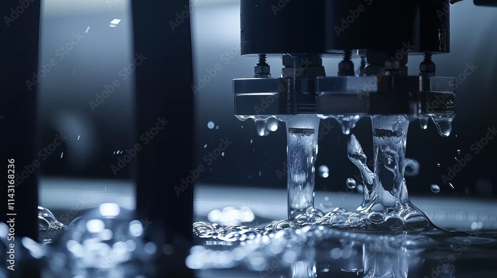 Industrial machinery ejecting water streams in a highly detailed and illuminated setting, symbolizing innovation and precision in industrial processes. AI generated. Industrial machinery ejecting water streams in a highly detailed and illuminated setting, symbolizing innovation and precision in industrial processes. AI generated.