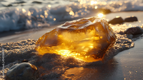 A piece of amber washed up on a baltic shore, with the waves gently receding and the stone glistening in the sunlight. Amber. Illustration photo