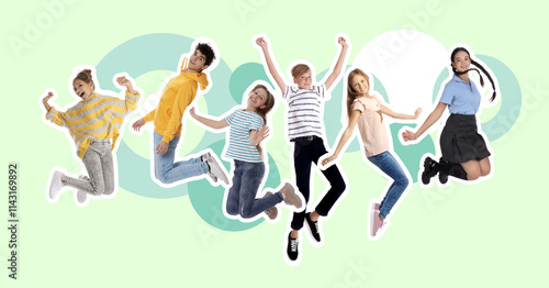 Happy kids with white outlines jumping on light green background. Banner design