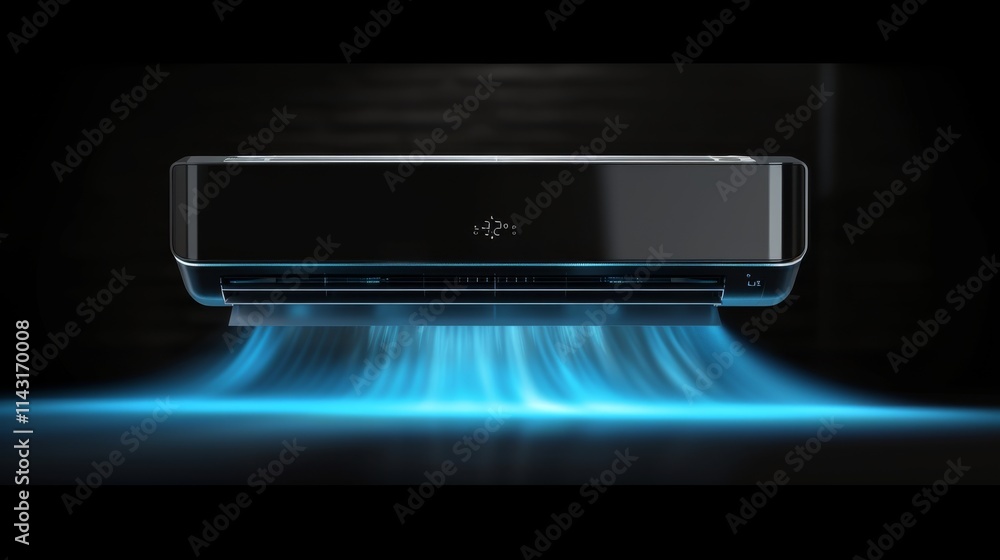 Modern air conditioning unit releasing a glowing stream of cool blue air, set against a sleek, dark background, ideal for futuristic and technology-related themes. AI generated. Modern air conditioning unit releasing a glowing stream of cool blue air, set against a sleek, dark background, ideal for futuristic and technology-related themes. AI generated.