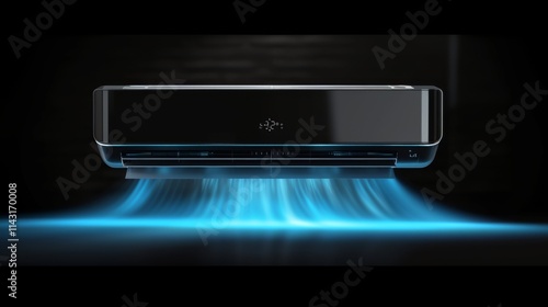 Modern air conditioning unit releasing a glowing stream of cool blue air, set against a sleek, dark background, ideal for futuristic and technology-related themes. AI generated.