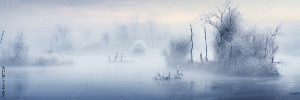 Fototapeta premium Ethereal Foggy Winter Landscape with Frost-Covered Trees and Tranquil Icy Waters Creating a Serene and Mystical Atmosphere at Dawn
