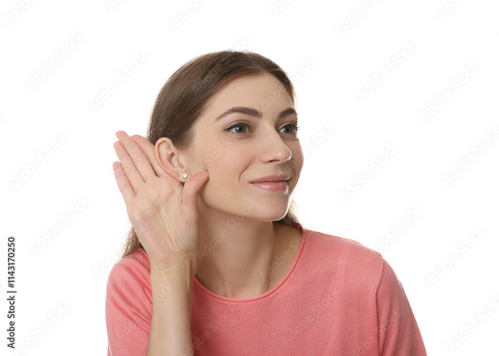 Woman showing hand to ear gesture on white background Woman showing hand to ear gesture on white background