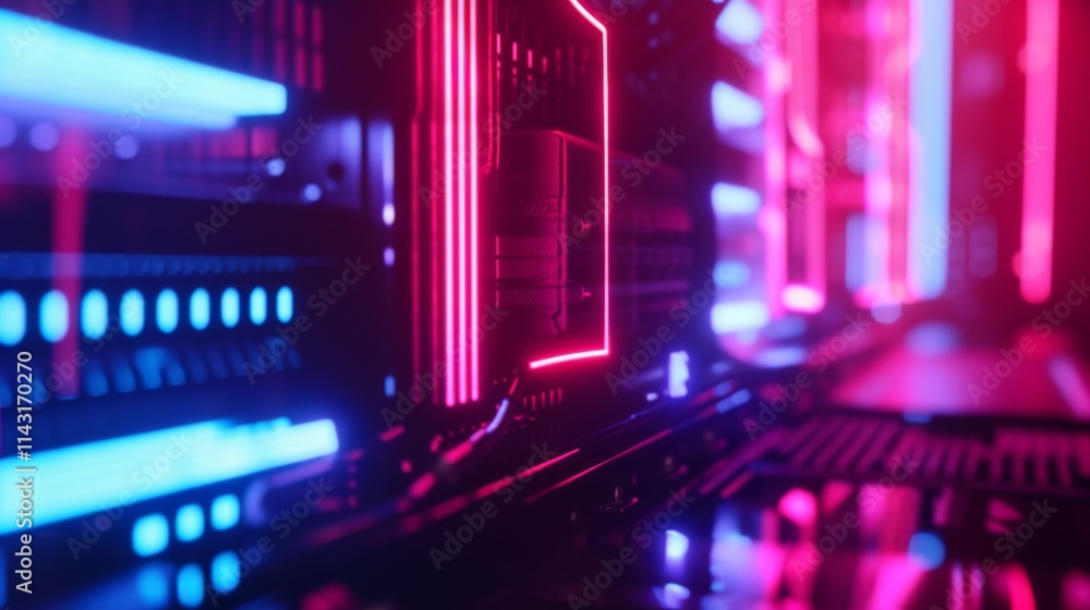 Neon-lit server hardware with a futuristic blue and pink glow highlights the high-tech world of digital connectivity and innovation. AI generated. Neon-lit server hardware with a futuristic blue and pink glow highlights the high-tech world of digital connectivity and innovation. AI generated.