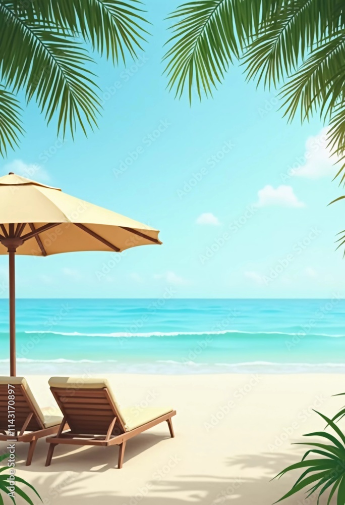 Two wooden lounge chairs sit beneath a straw umbrella on a sandy beach. The tranquil sea reflects a bright blue sky, while palm trees sway gently in the breeze. Ideal for relaxation. Generative AI Two wooden lounge chairs sit beneath a straw umbrella on a sandy beach. The tranquil sea reflects a bright blue sky, while palm trees sway gently in the breeze. Ideal for relaxation. Generative AI
