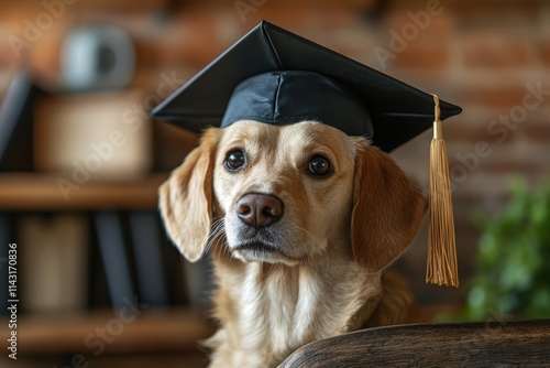 pet graduation celebration, dog in graduation cap on shelf in study room background, leaving space for a congratulatory message photo