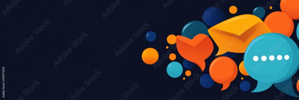 Graphic Illustration of Vibrant Colorful Speech Bubbles in Dark Background Representing Communication and Interaction Dynamics Graphic Illustration of Vibrant Colorful Speech Bubbles in Dark Background Representing Communication and Interaction Dynamics