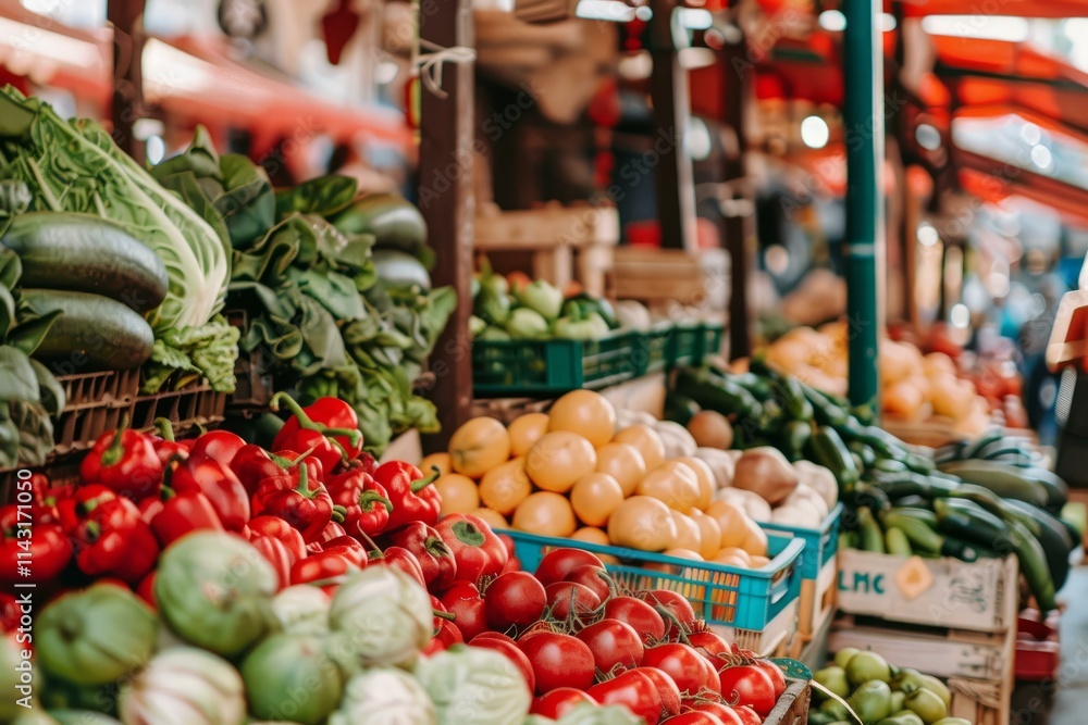 Colorful vegetables and fruit are lying in boxes at a farmers market Colorful vegetables and fruit are lying in boxes at a farmers market