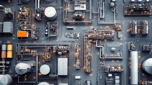 Aerial view of an industrial facility with complex pipelines and storage tanks.